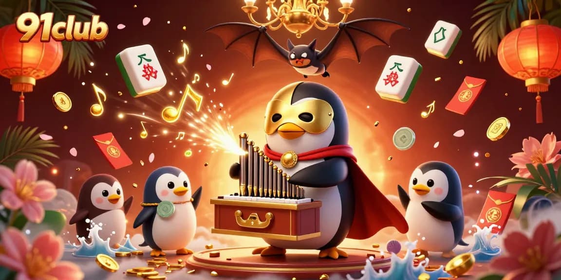Experience thrilling gaming at 91club with our cartoon penguin character and captivating casino elements.