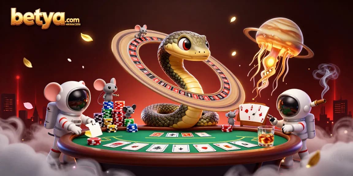 Experience the excitement of betting at betya.com real money casino, with a cosmic gaming scene featuring a Saturn ring snake and astronaut mice.