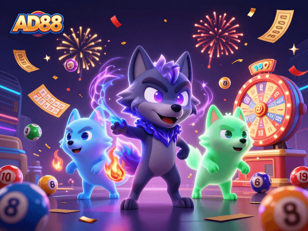 Experience thrilling gameplay at AD88 with vibrant lottery elements and engaging casino characters.