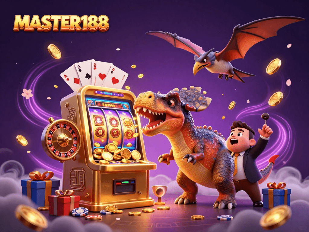 MASTER188 slots jackpot scene with dinosaur characters celebrating wins and flying coins