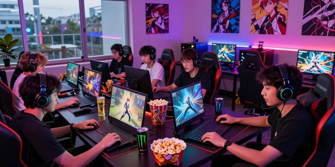 Diverse gamers intensely playing a hentai game in a vibrant gaming lounge with snacks and LED lights.