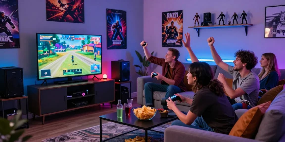 Group of friends enjoying gaming session with lucky77 excitement in cozy living room filled with gaming memorabilia.