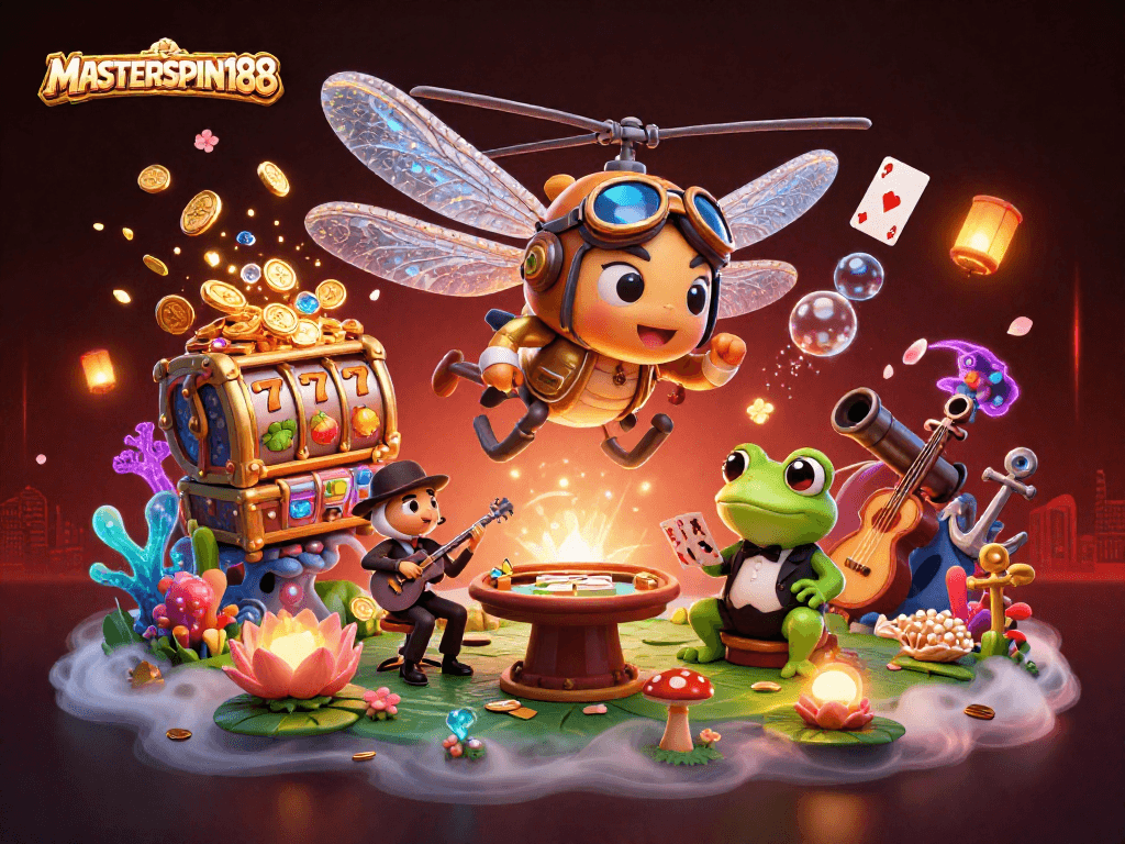 Experience the vibrant gameplay of MASTERSPIN188 with exciting slots and engaging croupiers in a stunning scene.