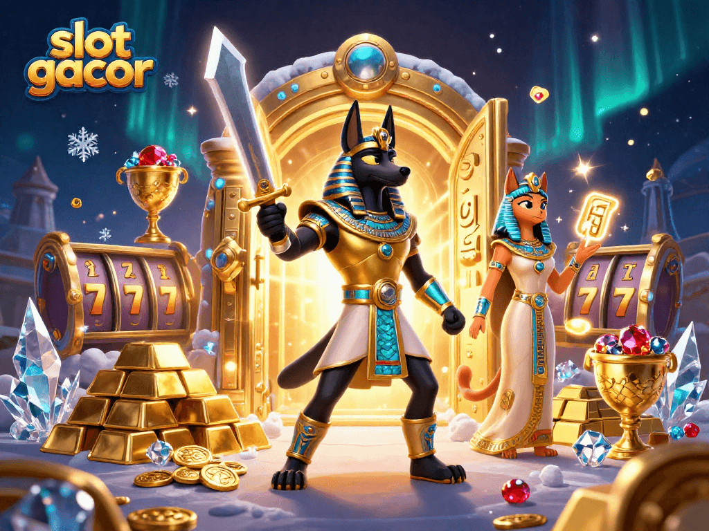 Menghidupkan slot gacor dengan Anubis dan Bastet di tengah harta karun yang bersinar.