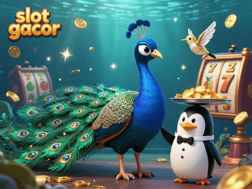 Permainan slot gacor dengan burung merak dan penguin pelayan menghidangkan chip emas, penuh warna.
