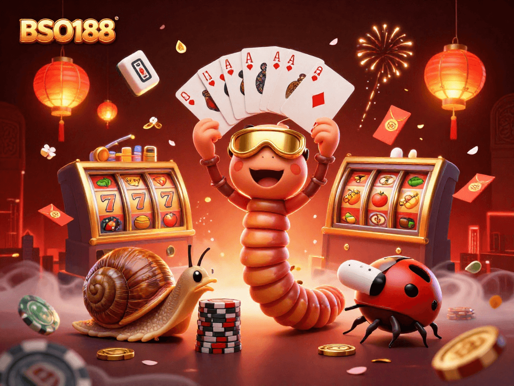 Engage in the thrill of BSO188 with a dynamic casino scene featuring a cartoon millipede dealer and vibrant elements.