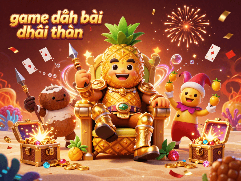 Engage with game đánh bài đổi thưởng in a vibrant casino scene featuring a golden pineapple king and lively characters.