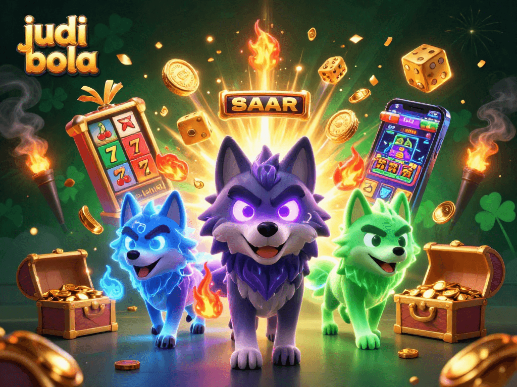 Engage in judi bola with a dynamic scene featuring a glowing wolf leader and casino elements.