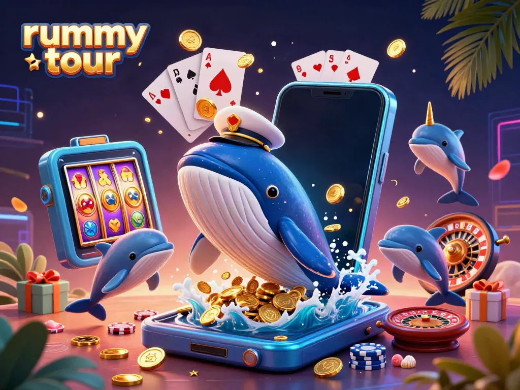 Rummy tour menampilkan paus 3D besar yang mengenakan jas kapten melompat di lautan koin.
