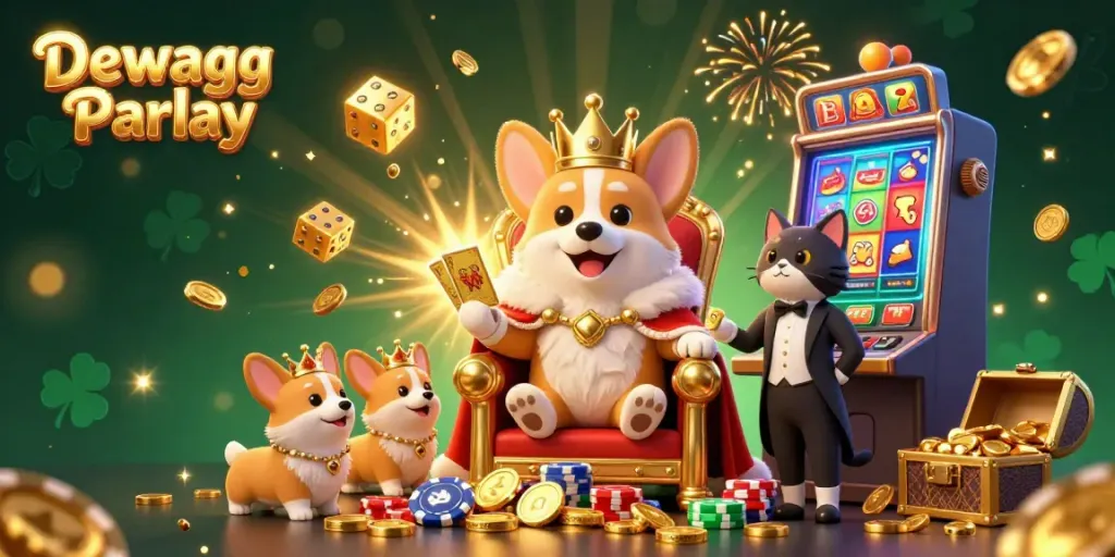 Spin the reels of Dewagg Parlay with a vibrant casino scene featuring a royal corgi and jackpots.