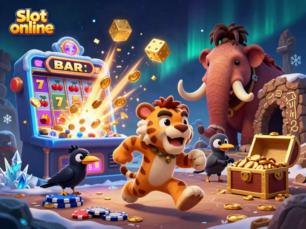 Experience slot online fun with a vibrant 3D illustration of a caveman duo, sabertooth tiger, and crow in an exciting casino.