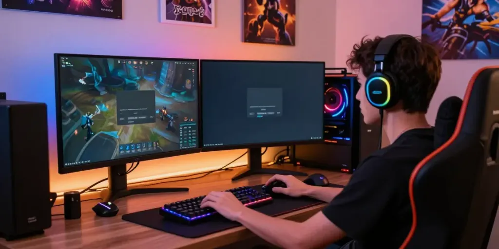 Engaging gaming scene with Yumetoto login on screen and colorful gaming setup.