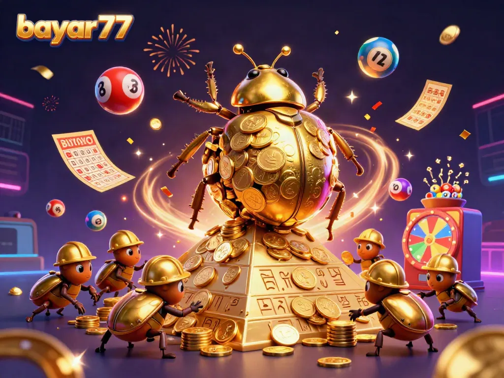 Experience non-stop gaming thrills with bayar77, featuring golden beetles and cinematic casino elements.