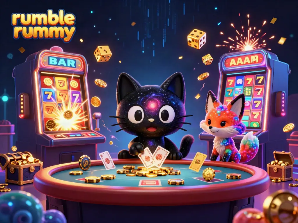 Experience rumble rummy action with vibrant characters and dynamic casino elements in this 3D illustration.