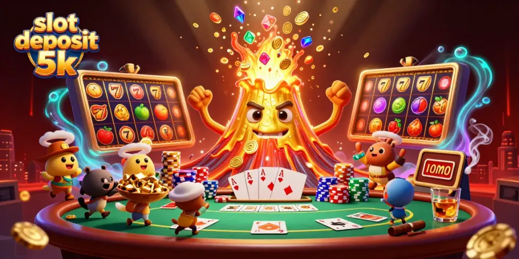 Experience slot deposit 5k in a vibrant casino scene with animated characters and dynamic gaming elements.