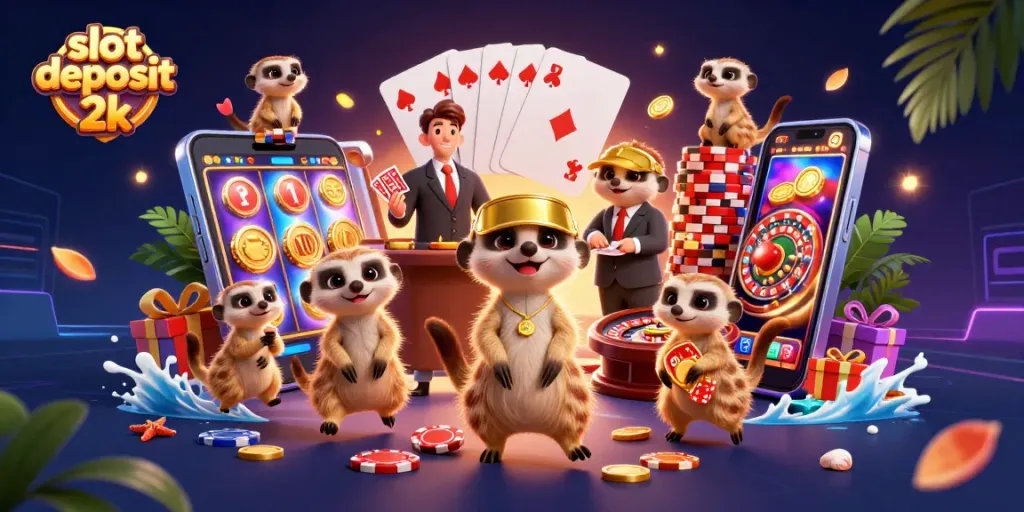 Experience thrilling gameplay in this slot deposit 2k scene with animated meerkats running a casino.
