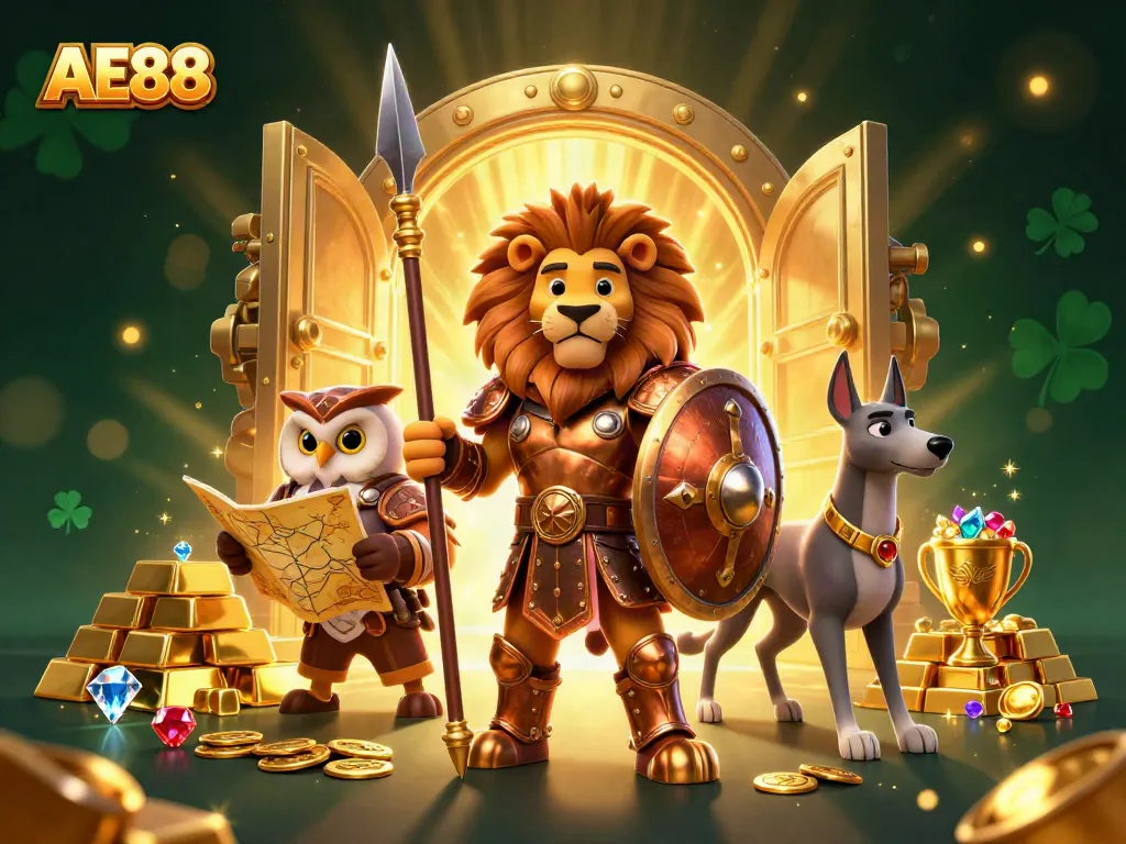 Experience the excitement of AE88 with captivating 3D casino characters surrounded by treasure and gaming elements.