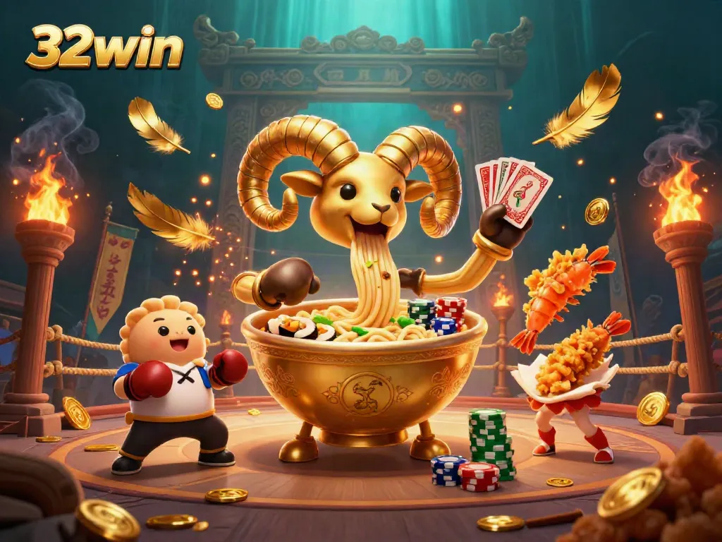 Experience the vibrant world of 32win with a dynamic scene of casino-themed characters in action.