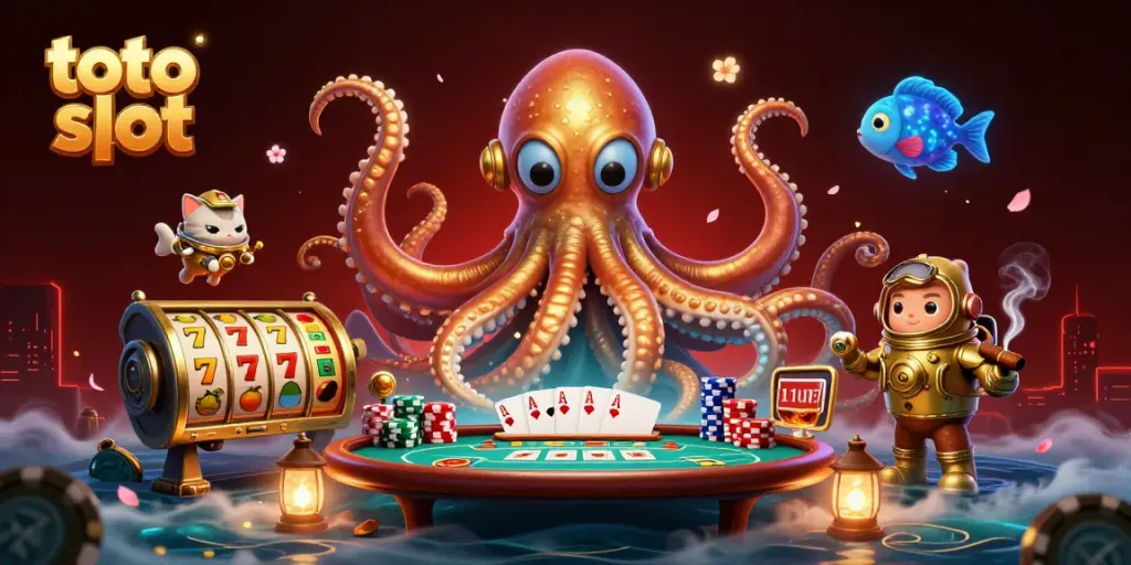 Engage with the vibrant toto slot scene featuring a kraken and diving cat amidst slot reels and poker elements.