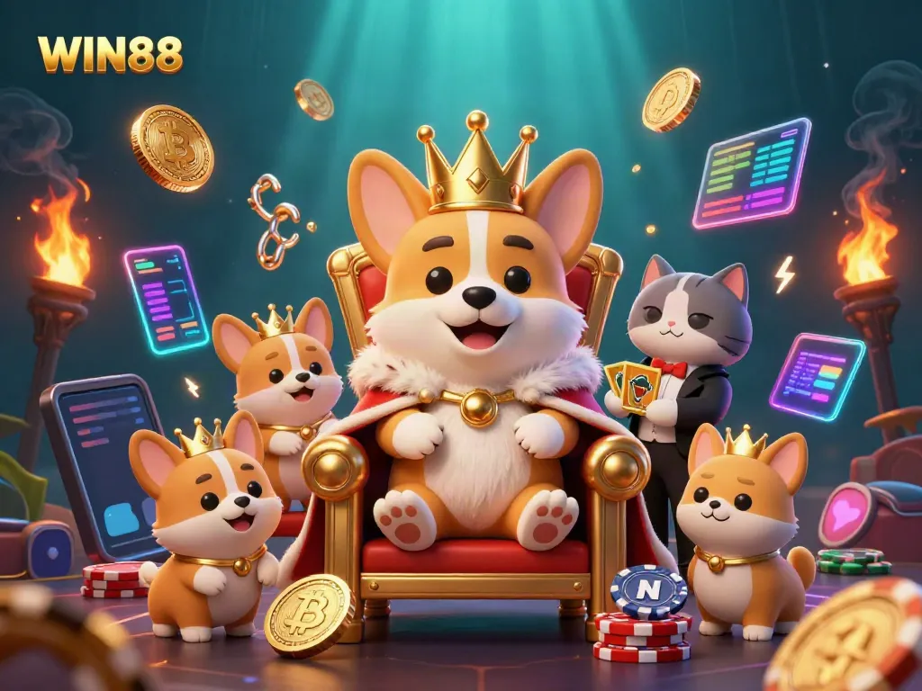 Engage with the vibrant WIN88 casino world featuring a regal corgi on chips, crypto coins, and lively game elements.