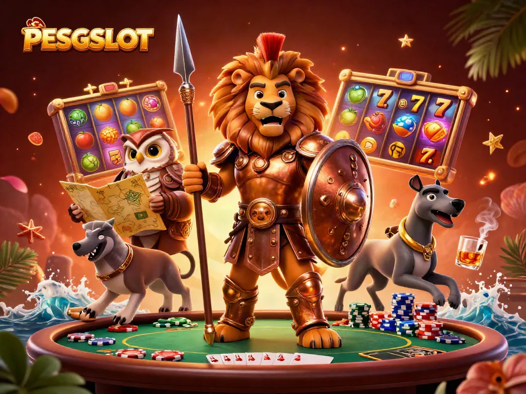 PESGSLOT showcases an epic scene with a Spartan lion and a tactical owl at a slot machine, surrounded by colorful chips.