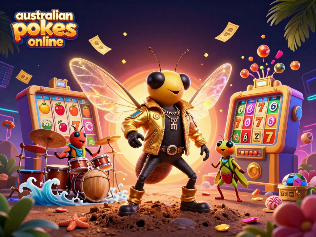 Engage with vibrant australian pokies online illustration, featuring animated characters and dynamic game elements.