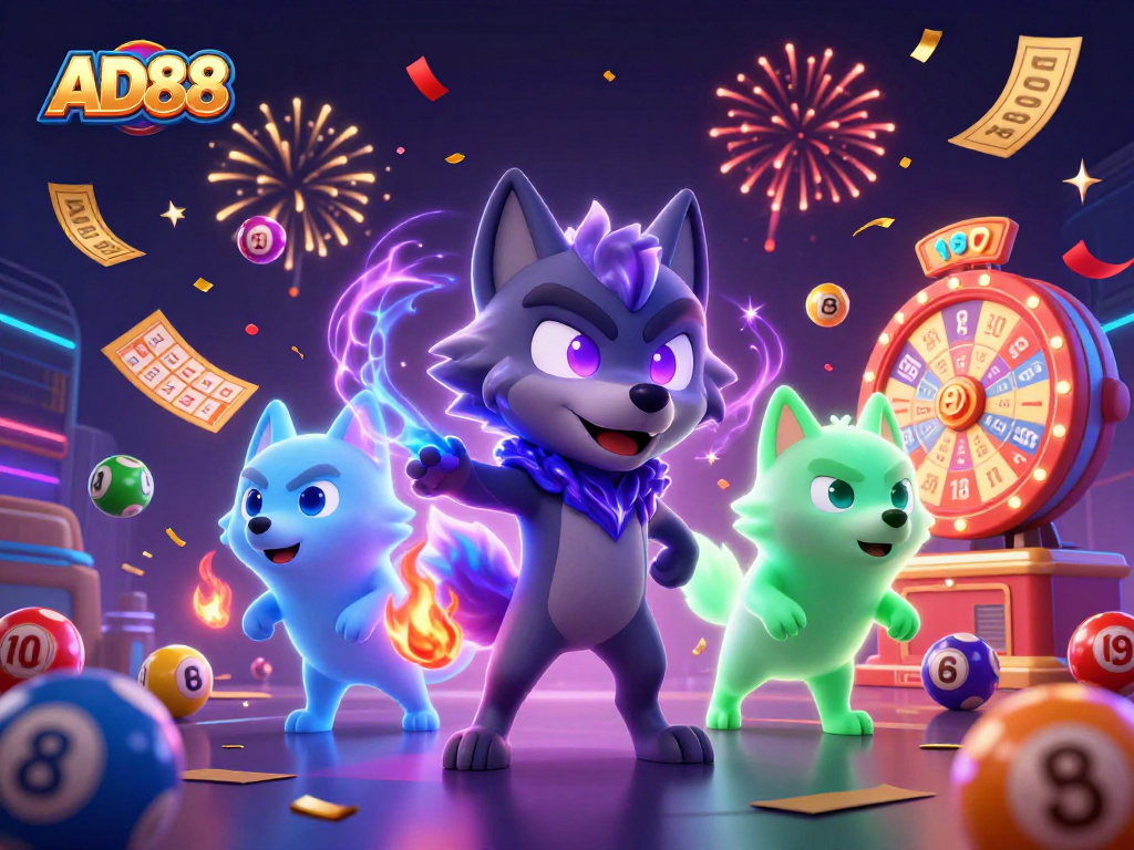 Experience thrilling gameplay at AD88 with vibrant lottery elements and engaging casino characters.
