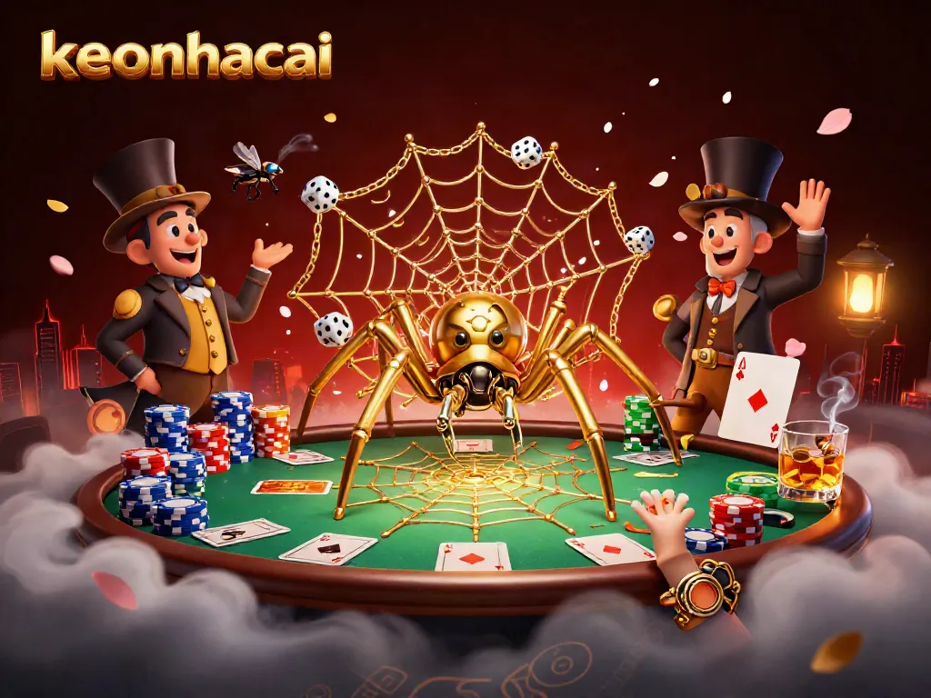 Experience keonhacai with a vibrant illustrated scene of a golden spider weaving a casino-themed web.
