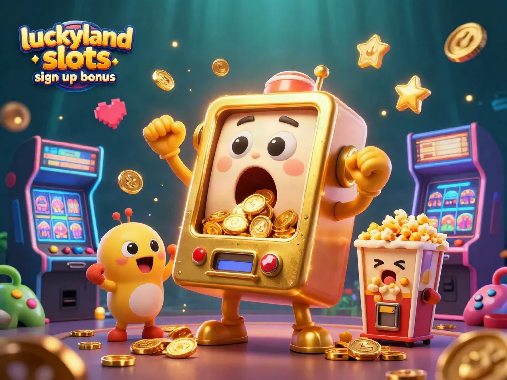 Engage with the exciting luckyland slots sign up bonus as golden coins spill from a jubilant slot machine.