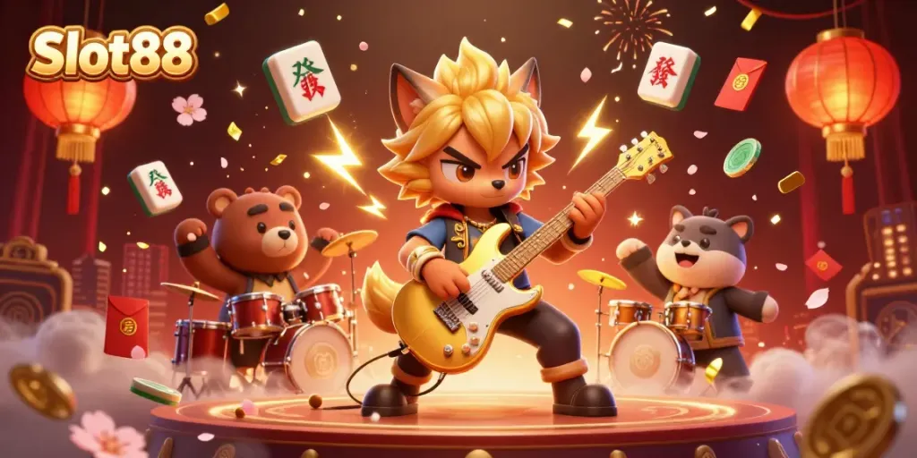 Experience Slot88 excitement with a dynamic casino scene featuring rock star characters and vibrant gaming elements.