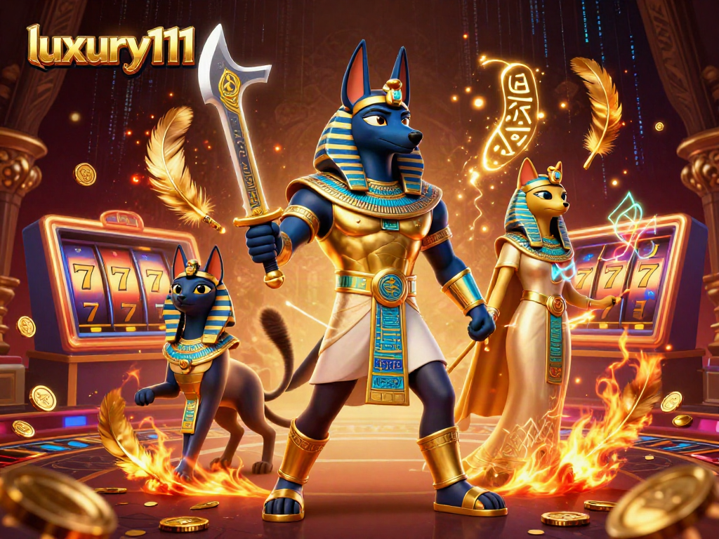 Experience luxury111 with a lavish 3D casino scene featuring Anubis and Bastet amidst slot reels.
