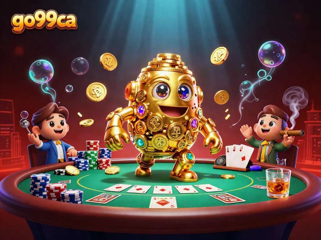 Engage with go99ca as a golden golem surrounded by poker tables and vibrant casino elements.