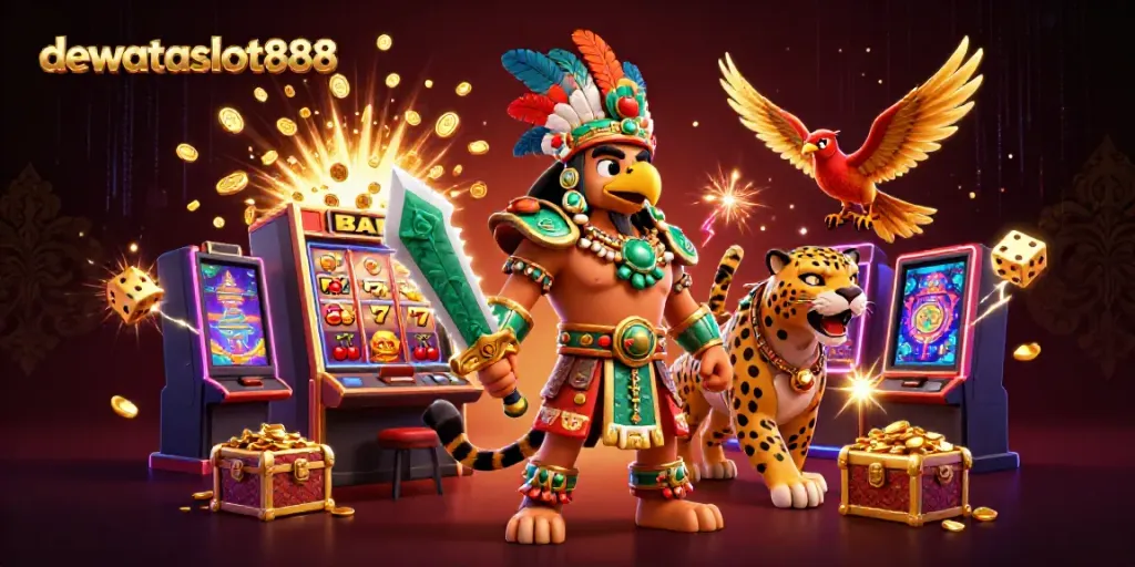 Bermain di dewataslot888 dengan ilustrasi 3D karakter Aztec dan mesin slot yang memukau