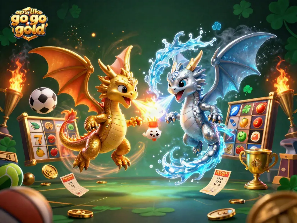 Engage in thrilling gameplay at apps like go go gold with an exciting 3D illustration of dragons and casino elements.
