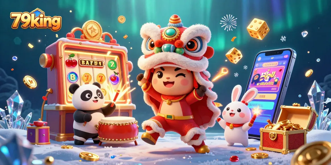Experience the excitement of 79king with a vibrant casino scene featuring a lion dance and jackpot elements.