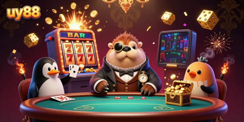 Experience maximum jackpot excitement with uy88 in this vibrant underwater casino illustration featuring a poker scene.