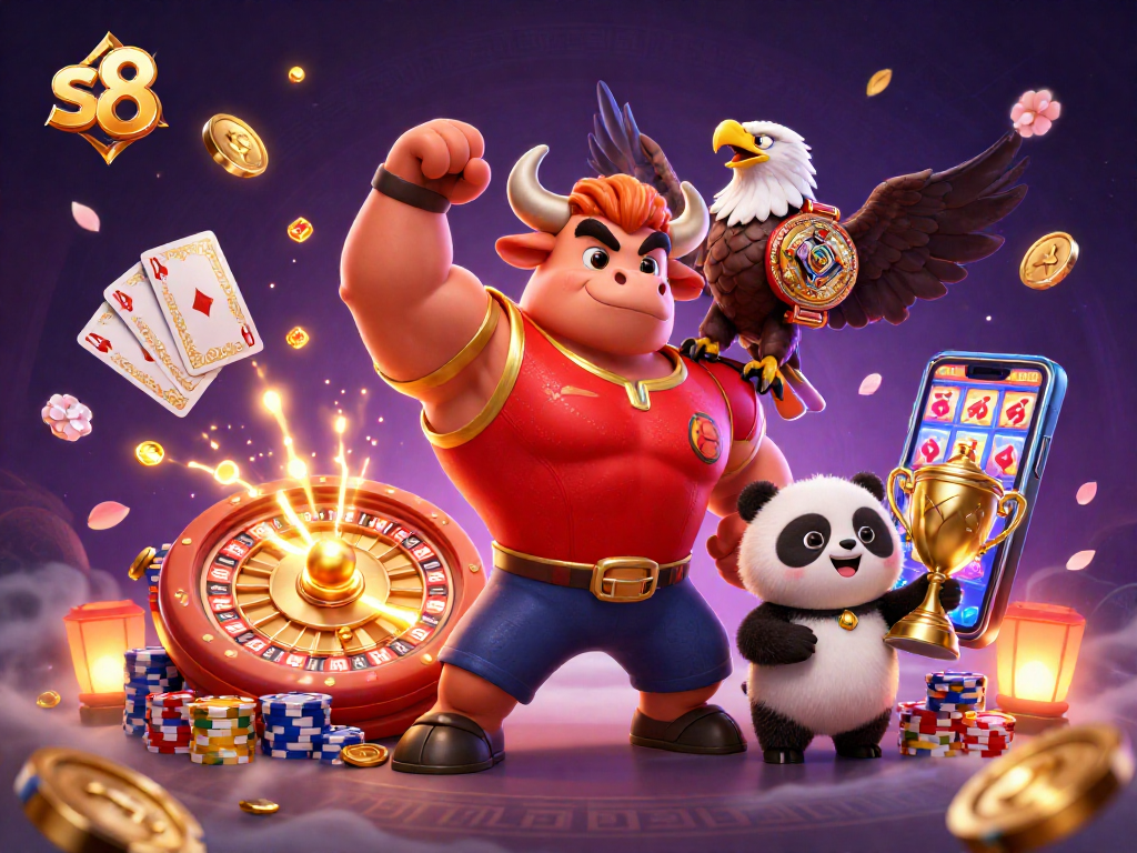 Experience the thrill of winning with s8 in this vibrant casino scene featuring a bull, eagle, and panda.