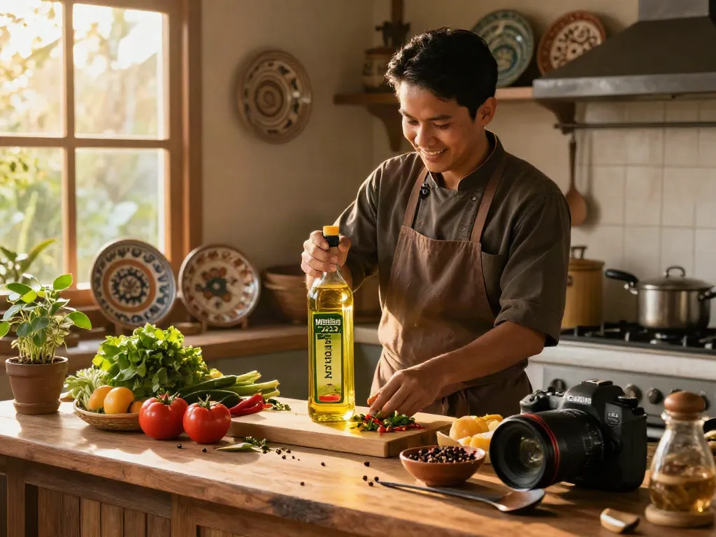 Memasak menggunakan minyak sehat dari Merdeka123 di dapur rumah yang hangat.