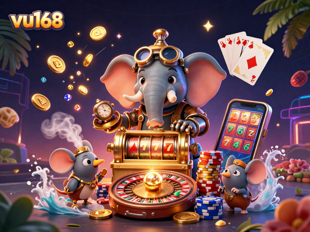 Experience the excitement of vu168 with an illustrated steampunk elephant and casino game elements.