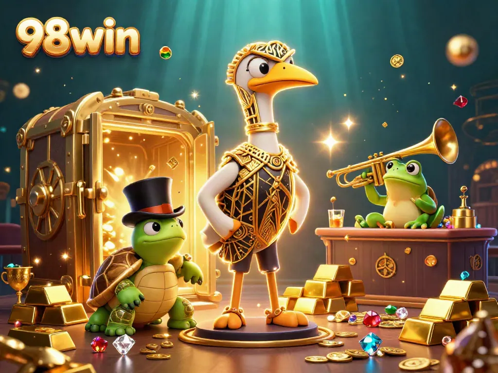 Experience the lively world of 98win as characters celebrate big wins at a glamorous casino.