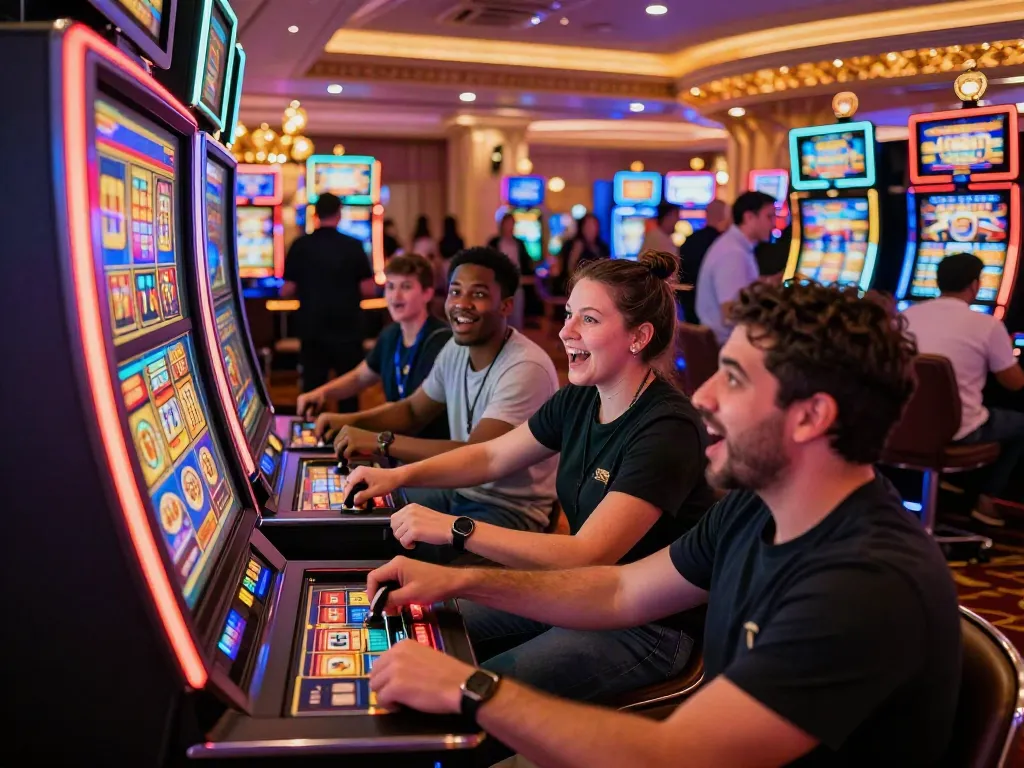 Excited players experiencing the thrill of Lucky777 slot machines in a vibrant casino.