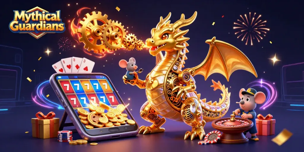 Engage with Mythical Guardians as golden dragon unleashes golden coins in an exciting casino scene.