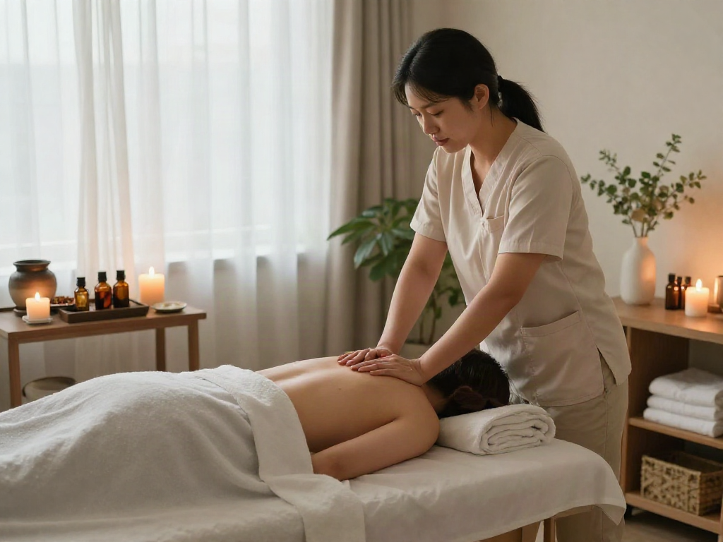 Experience 강동구출장마사지 in a serene wellness environment with a therapist and calming setup