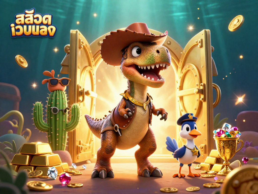 Engage in thrilling สล็อตเว็บตรง gameplay with a T-Rex cowboy and dynamic treasure in a lively casino scene.