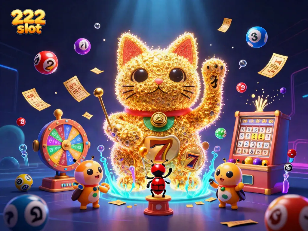 Rasakan keseruan dari 222 slot dengan ilustrasi kucing keberuntungan dan simbol kasino yang berkilauan.