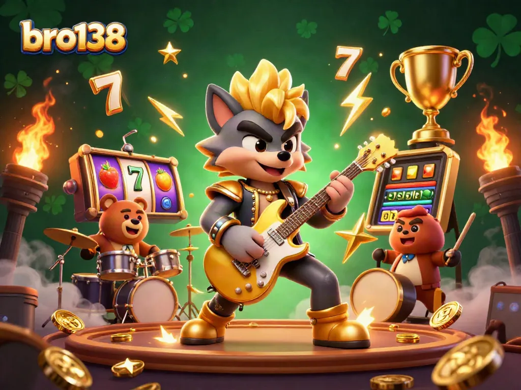 Experience the excitement of bro138 with a vibrant illustration of a 3D rock star wolf performing amidst slot reels and golden coins.