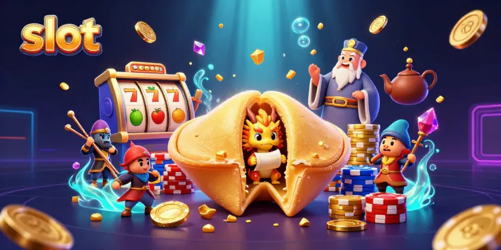 Slot menarik dengan mesin slot, chip poker, dan karakter kartun dalam ilustrasi meme kasino.