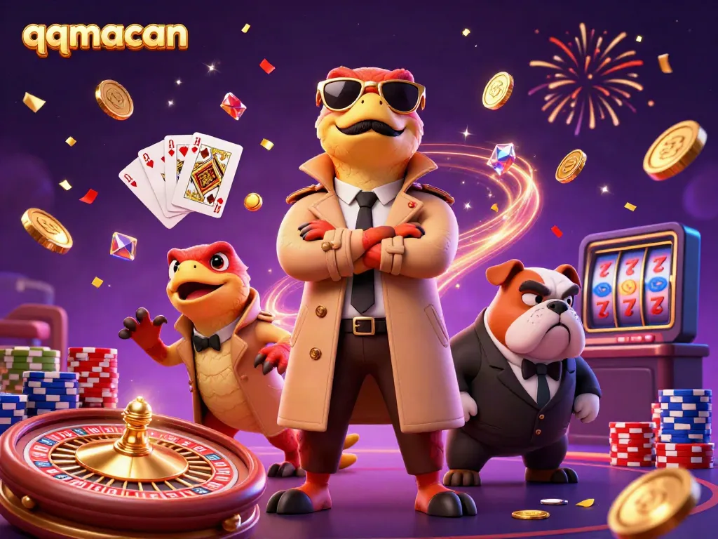 Experience excitement with qqmacan as raptors in a trench coat approach a VIP casino door, surrounded by gaming elements.