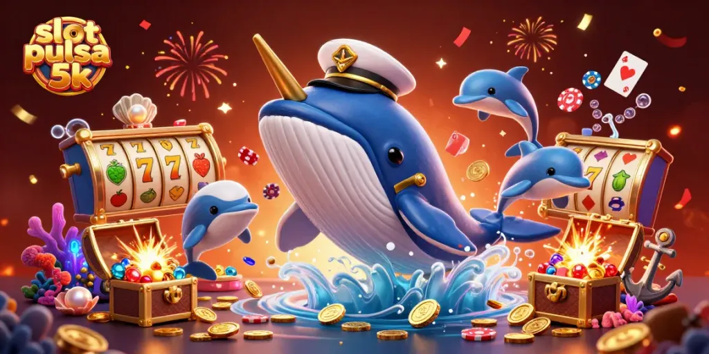 Experience slot pulsa 5k with vibrant characters enjoying jackpot wins amid dazzling coins and cards.
