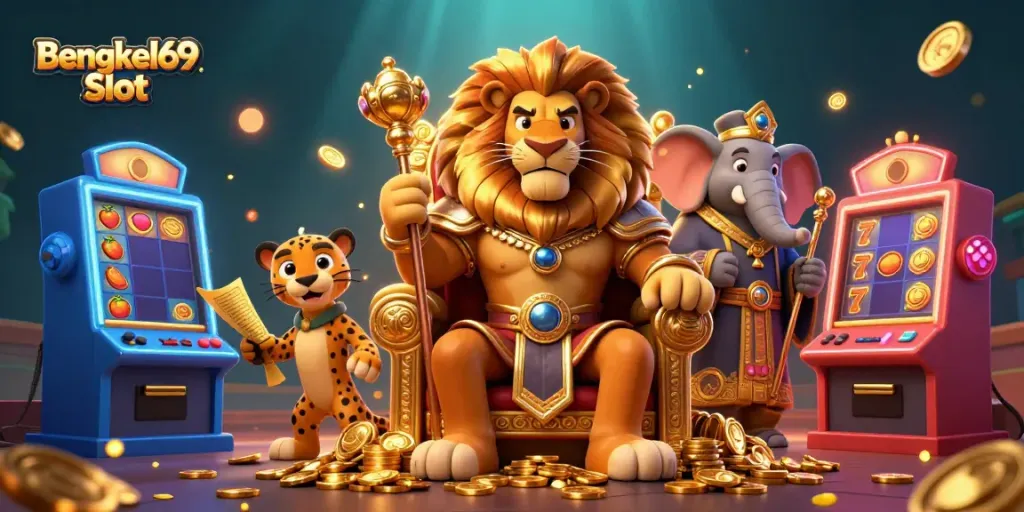 Experience excitement at Bengkel69 Slot with a vibrant scene featuring a lion king, elephant advisor, and cheetah messenger.